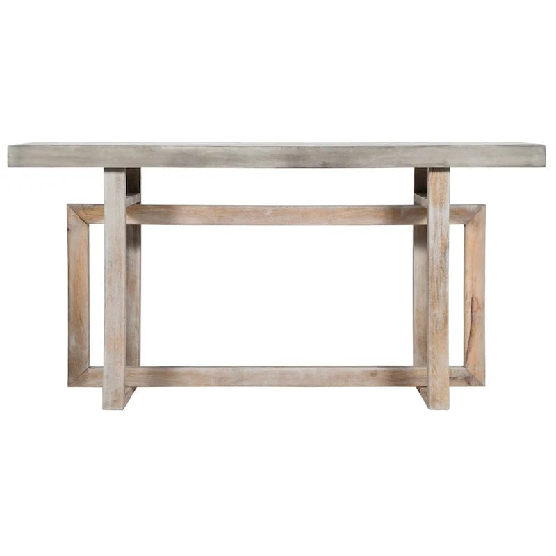 Console de style rustique de 150 cm fabriquée à la main avec base géométrique imbriquée, marron clair rustique