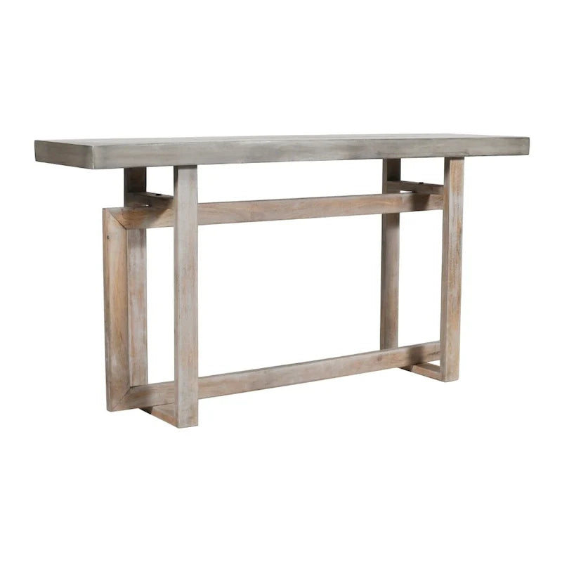 Console de style rustique de 150 cm fabriquée à la main avec base géométrique imbriquée, marron clair rustique