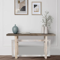 Console de style rustique de 150 cm fabriquée à la main avec base géométrique imbriquée, marron clair rustique