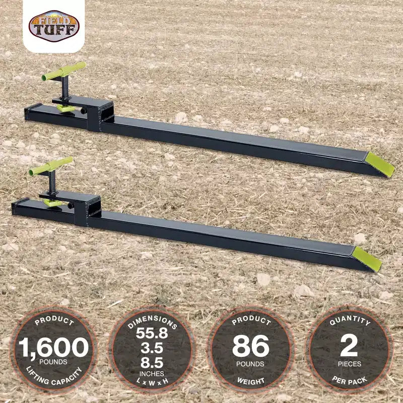 Fourches de tracteur en acier Field Tuff, capacité de 725 kg, accessoires robustes pour mini-chargeur pour le levage de palettes, lot de 2, noir/vert