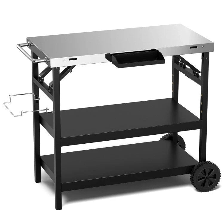 Chariot extérieur pliable 3 niveaux sur 2 roues avec porte-telephone - Noir - 42 x 20,5 x 33 (L x l x H)