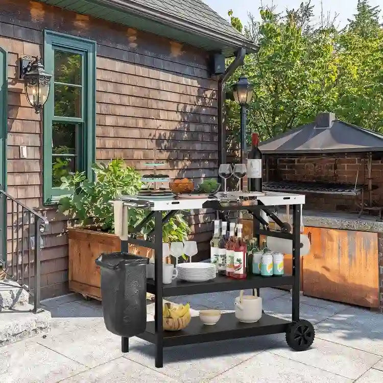 Chariot extérieur pliable 3 niveaux sur 2 roues avec porte-telephone - Noir - 42 x 20,5 x 33 (L x l x H)