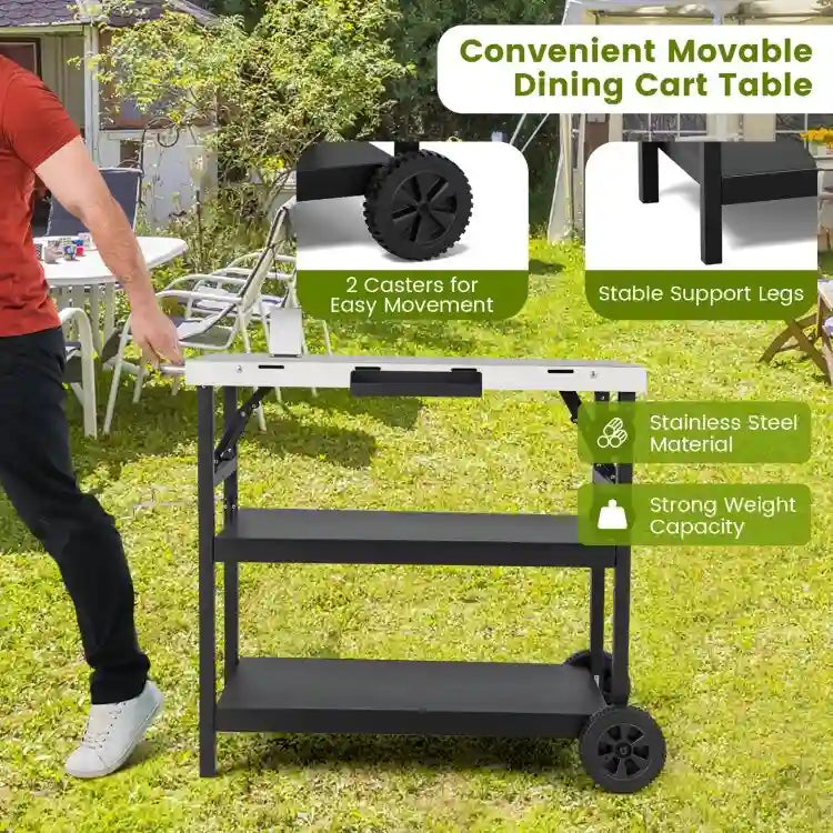 Chariot extérieur pliable 3 niveaux sur 2 roues avec porte-telephone - Noir - 42 x 20,5 x 33 (L x l x H)