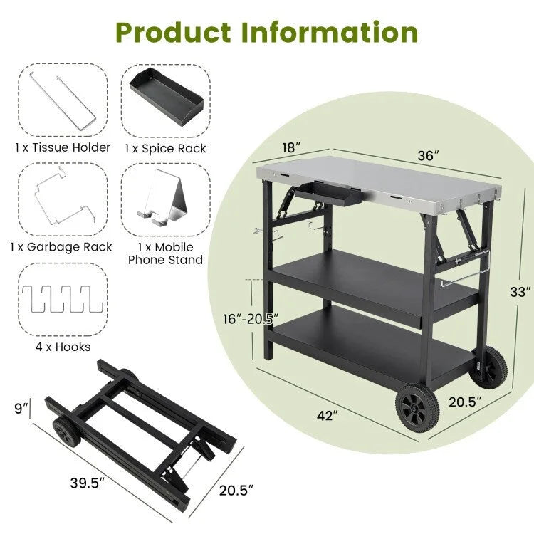 Chariot extérieur pliable 3 niveaux sur 2 roues avec porte-telephone - Noir - 42 x 20,5 x 33 (L x l x H)