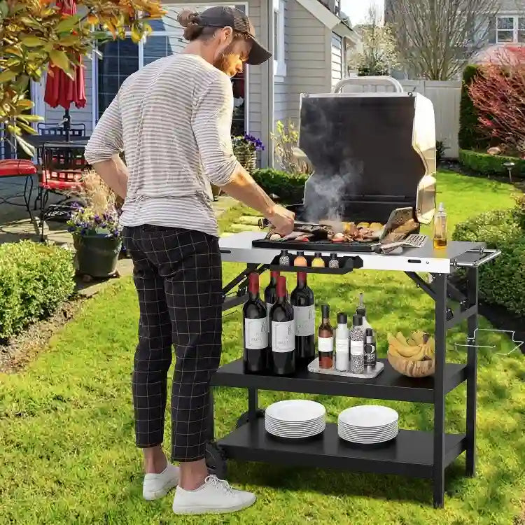 Chariot extérieur pliable 3 niveaux sur 2 roues avec porte-telephone - Noir - 42 x 20,5 x 33 (L x l x H)