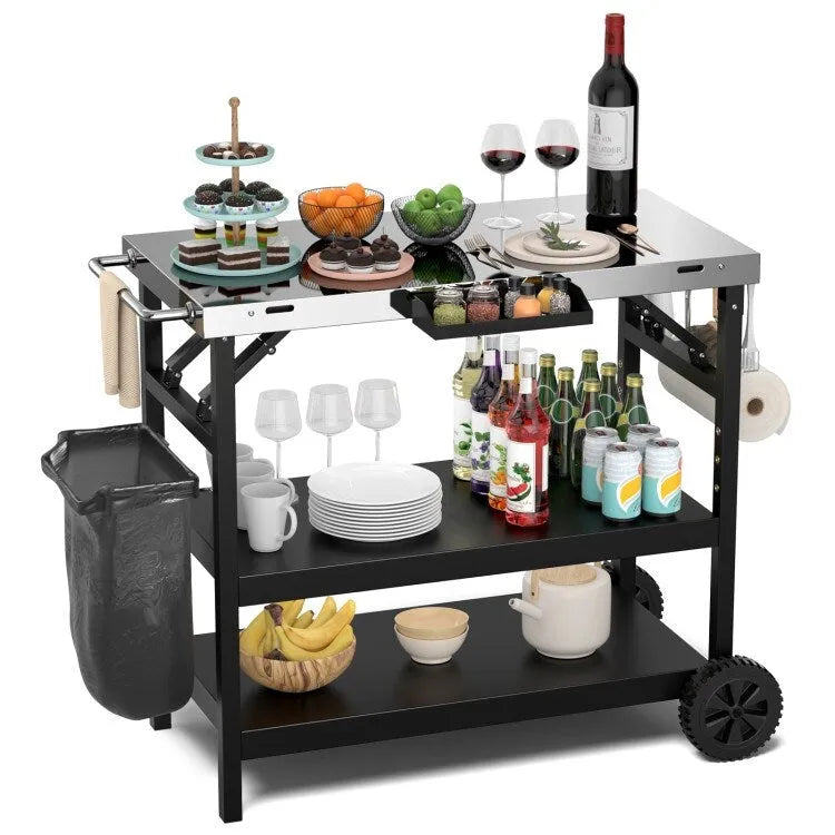 Chariot extérieur pliable 3 niveaux sur 2 roues avec porte-telephone - Noir - 42 x 20,5 x 33 (L x l x H)