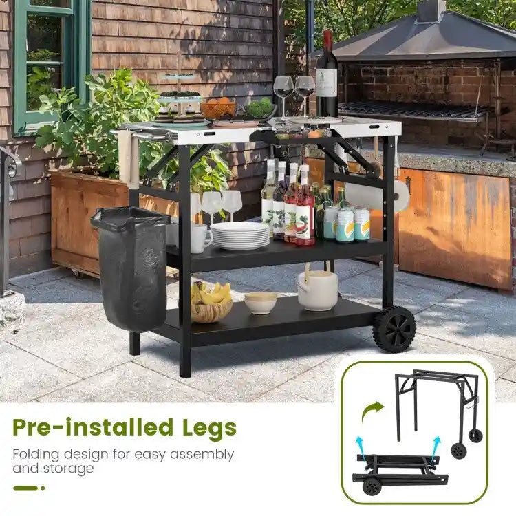 Chariot extérieur pliable 3 niveaux sur 2 roues avec porte-telephone - Noir - 42 x 20,5 x 33 (L x l x H)
