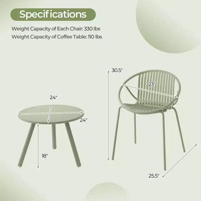 Costway Ensemble Bistro 3 Pièces Résistant aux Intempéries en PP Salon de Jardin avec Table Basse Ronde Gris/Vert