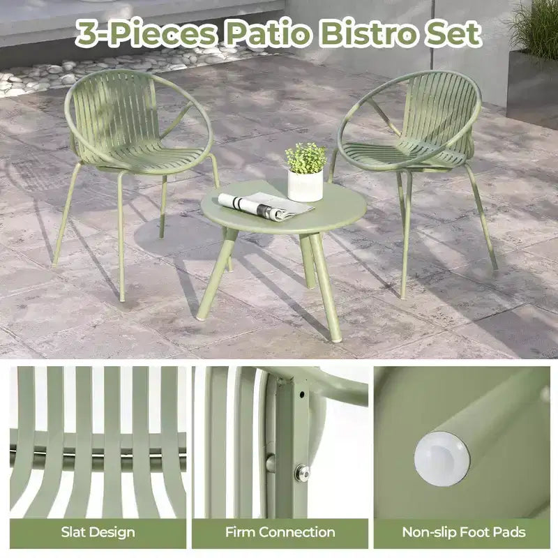 Costway Ensemble Bistro 3 Pièces Résistant aux Intempéries en PP Salon de Jardin avec Table Basse Ronde Gris/Vert