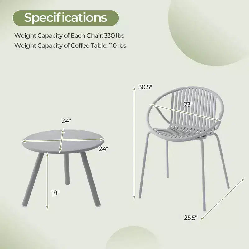 Costway Ensemble Bistro 3 Pièces Résistant aux Intempéries en PP Salon de Jardin avec Table Basse Ronde Gris/Vert