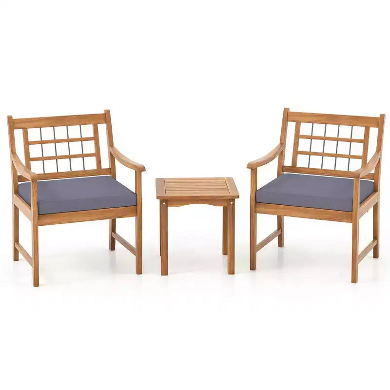Costway Ensemble Bistro de Patio 3 Pièces en Bois d'Acacia, Salon de Jardin avec Coussins Blanc Cassé/Gris/Bleu Marine