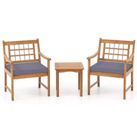 Costway Ensemble Bistro de Patio 3 Pièces en Bois d'Acacia, Salon de Jardin avec Coussins Blanc Cassé/Gris/Bleu Marine