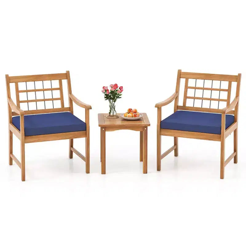 Costway Ensemble Bistro de Patio 3 Pièces en Bois d'Acacia, Salon de Jardin avec Coussins Blanc Cassé/Gris/Bleu Marine