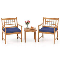 Costway Ensemble Bistro de Patio 3 Pièces en Bois d'Acacia, Salon de Jardin avec Coussins Blanc Cassé/Gris/Bleu Marine