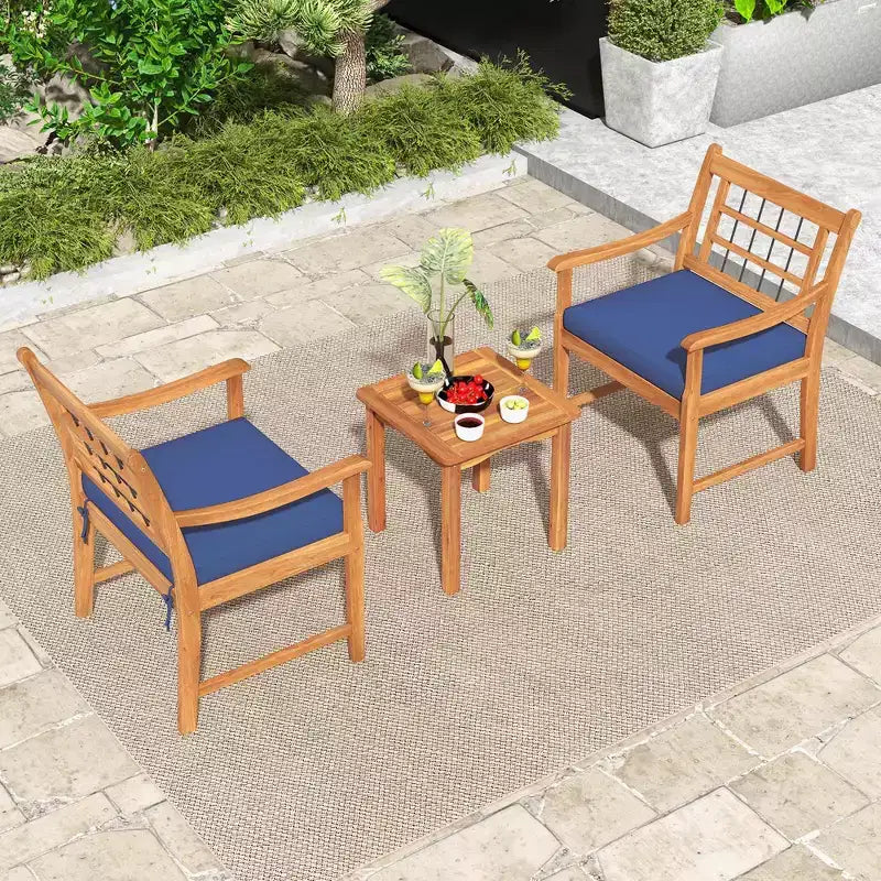 Costway Ensemble Bistro de Patio 3 Pièces en Bois d'Acacia, Salon de Jardin avec Coussins Blanc Cassé/Gris/Bleu Marine