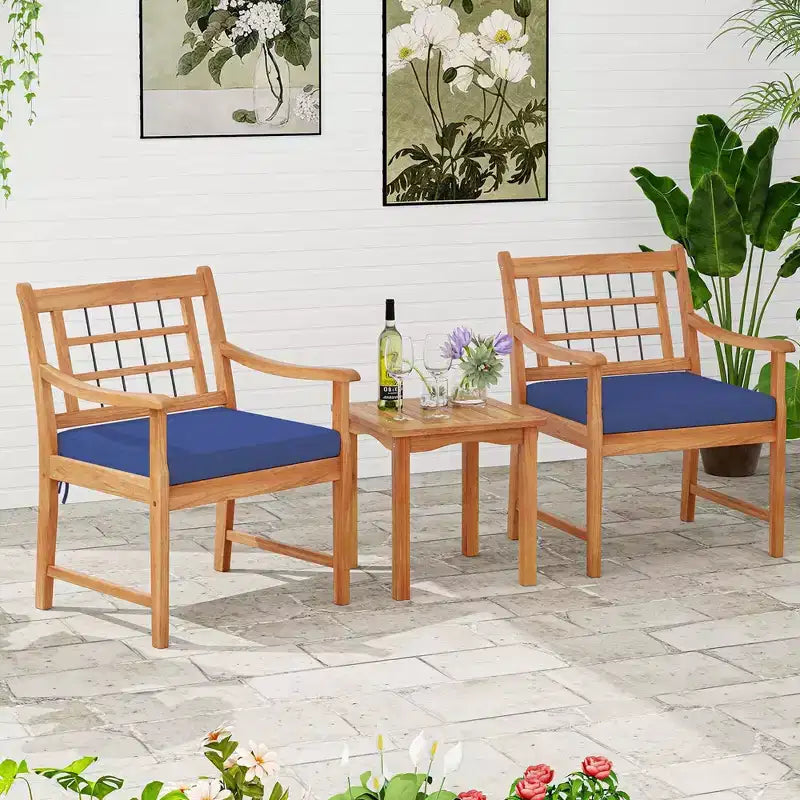 Costway Ensemble Bistro de Patio 3 Pièces en Bois d'Acacia, Salon de Jardin avec Coussins Blanc Cassé/Gris/Bleu Marine