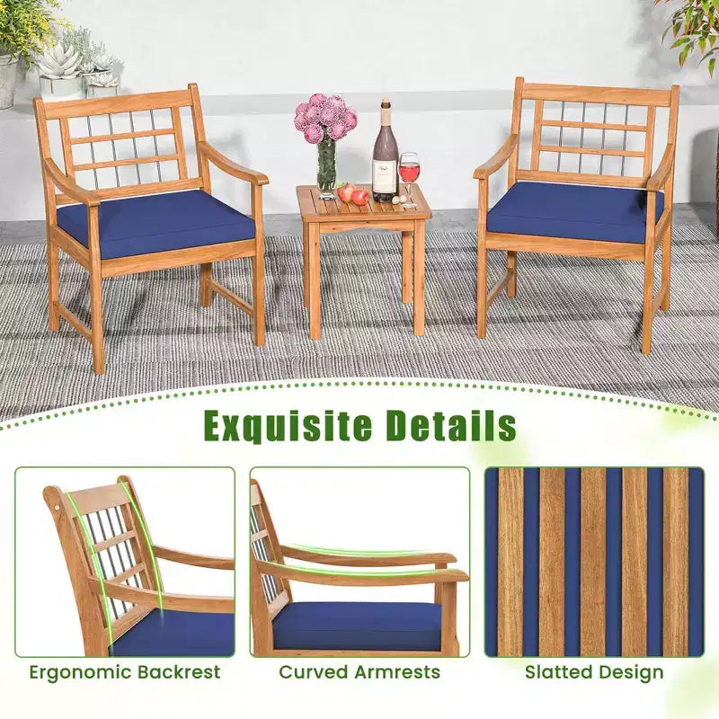 Costway Ensemble Bistro de Patio 3 Pièces en Bois d'Acacia, Salon de Jardin avec Coussins Blanc Cassé/Gris/Bleu Marine