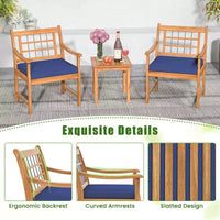 Costway Ensemble Bistro de Patio 3 Pièces en Bois d'Acacia, Salon de Jardin avec Coussins Blanc Cassé/Gris/Bleu Marine