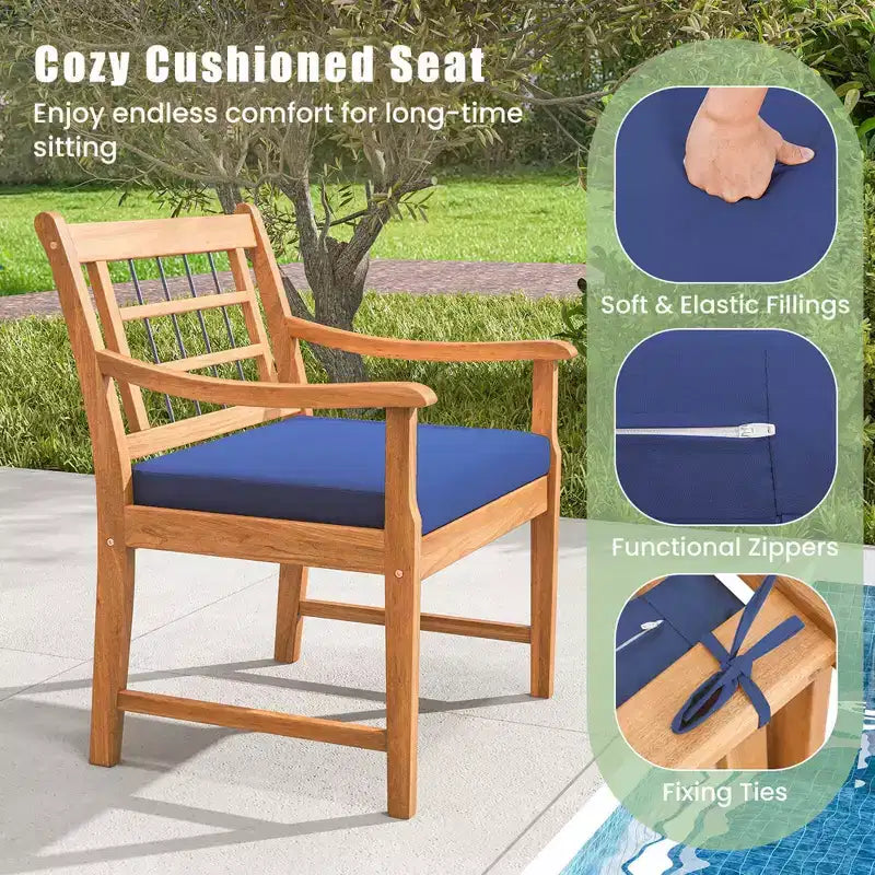 Costway Ensemble Bistro de Patio 3 Pièces en Bois d'Acacia, Salon de Jardin avec Coussins Blanc Cassé/Gris/Bleu Marine