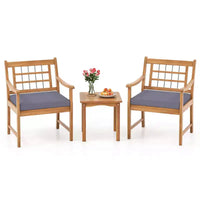 Costway Ensemble Bistro de Patio 3 Pièces en Bois d'Acacia, Salon de Jardin avec Coussins Blanc Cassé/Gris/Bleu Marine