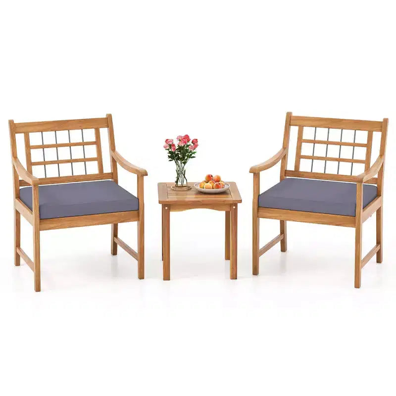 Costway Ensemble Bistro de Patio 3 Pièces en Bois d'Acacia, Salon de Jardin avec Coussins Blanc Cassé/Gris/Bleu Marine