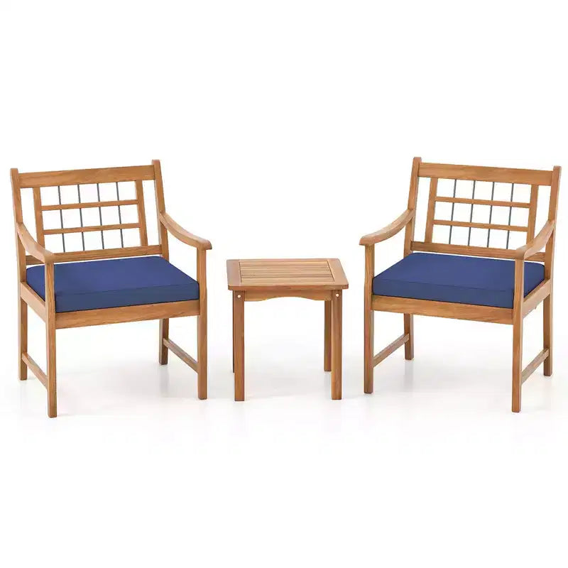 Costway Ensemble Bistro de Patio 3 Pièces en Bois d'Acacia, Salon de Jardin avec Coussins Blanc Cassé/Gris/Bleu Marine