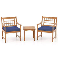 Costway Ensemble Bistro de Patio 3 Pièces en Bois d'Acacia, Salon de Jardin avec Coussins Blanc Cassé/Gris/Bleu Marine