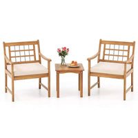 Costway Ensemble Bistro de Patio 3 Pièces en Bois d'Acacia, Salon de Jardin avec Coussins Blanc Cassé/Gris/Bleu Marine