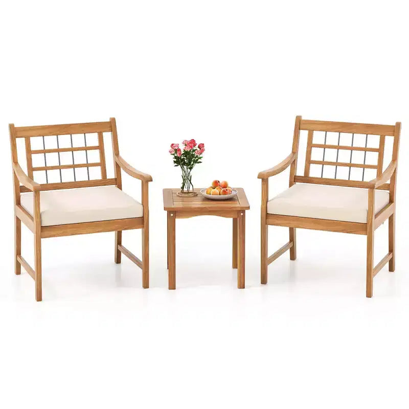 Costway Ensemble Bistro de Patio 3 Pièces en Bois d'Acacia, Salon de Jardin avec Coussins Blanc Cassé/Gris/Bleu Marine