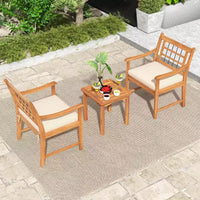 Costway Ensemble Bistro de Patio 3 Pièces en Bois d'Acacia, Salon de Jardin avec Coussins Blanc Cassé/Gris/Bleu Marine