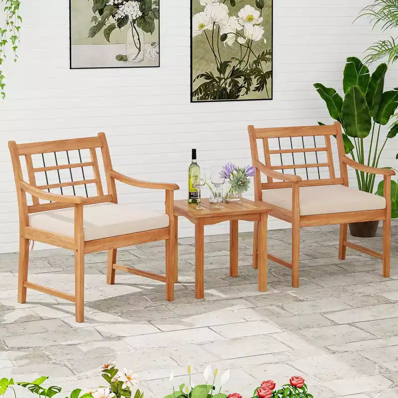 Costway Ensemble Bistro de Patio 3 Pièces en Bois d'Acacia, Salon de Jardin avec Coussins Blanc Cassé/Gris/Bleu Marine