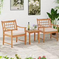 Costway Ensemble Bistro de Patio 3 Pièces en Bois d'Acacia, Salon de Jardin avec Coussins Blanc Cassé/Gris/Bleu Marine