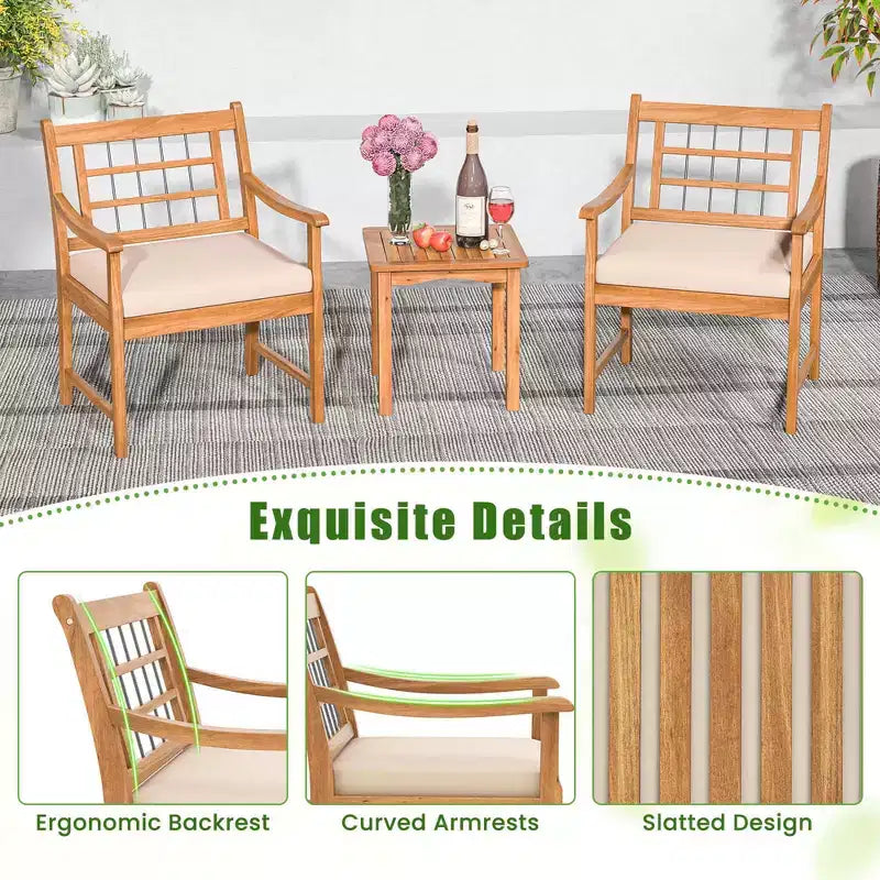 Costway Ensemble Bistro de Patio 3 Pièces en Bois d'Acacia, Salon de Jardin avec Coussins Blanc Cassé/Gris/Bleu Marine