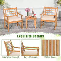 Costway Ensemble Bistro de Patio 3 Pièces en Bois d'Acacia, Salon de Jardin avec Coussins Blanc Cassé/Gris/Bleu Marine