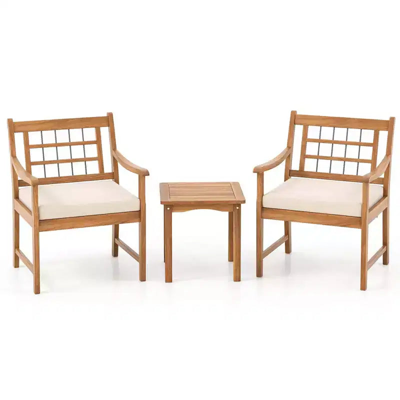 Costway Ensemble Bistro de Patio 3 Pièces en Bois d'Acacia, Salon de Jardin avec Coussins Blanc Cassé/Gris/Bleu Marine
