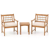 Costway Ensemble Bistro de Patio 3 Pièces en Bois d'Acacia, Salon de Jardin avec Coussins Blanc Cassé/Gris/Bleu Marine