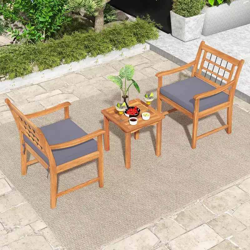 Costway Ensemble Bistro de Patio 3 Pièces en Bois d'Acacia, Salon de Jardin avec Coussins Blanc Cassé/Gris/Bleu Marine