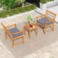 Costway Ensemble Bistro de Patio 3 Pièces en Bois d'Acacia, Salon de Jardin avec Coussins Blanc Cassé/Gris/Bleu Marine