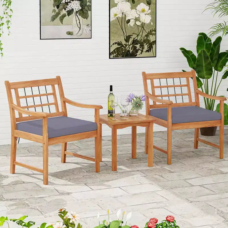 Costway Ensemble Bistro de Patio 3 Pièces en Bois d'Acacia, Salon de Jardin avec Coussins Blanc Cassé/Gris/Bleu Marine