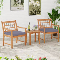Costway Ensemble Bistro de Patio 3 Pièces en Bois d'Acacia, Salon de Jardin avec Coussins Blanc Cassé/Gris/Bleu Marine