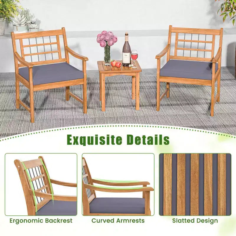 Costway Ensemble Bistro de Patio 3 Pièces en Bois d'Acacia, Salon de Jardin avec Coussins Blanc Cassé/Gris/Bleu Marine