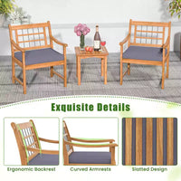 Costway Ensemble Bistro de Patio 3 Pièces en Bois d'Acacia, Salon de Jardin avec Coussins Blanc Cassé/Gris/Bleu Marine