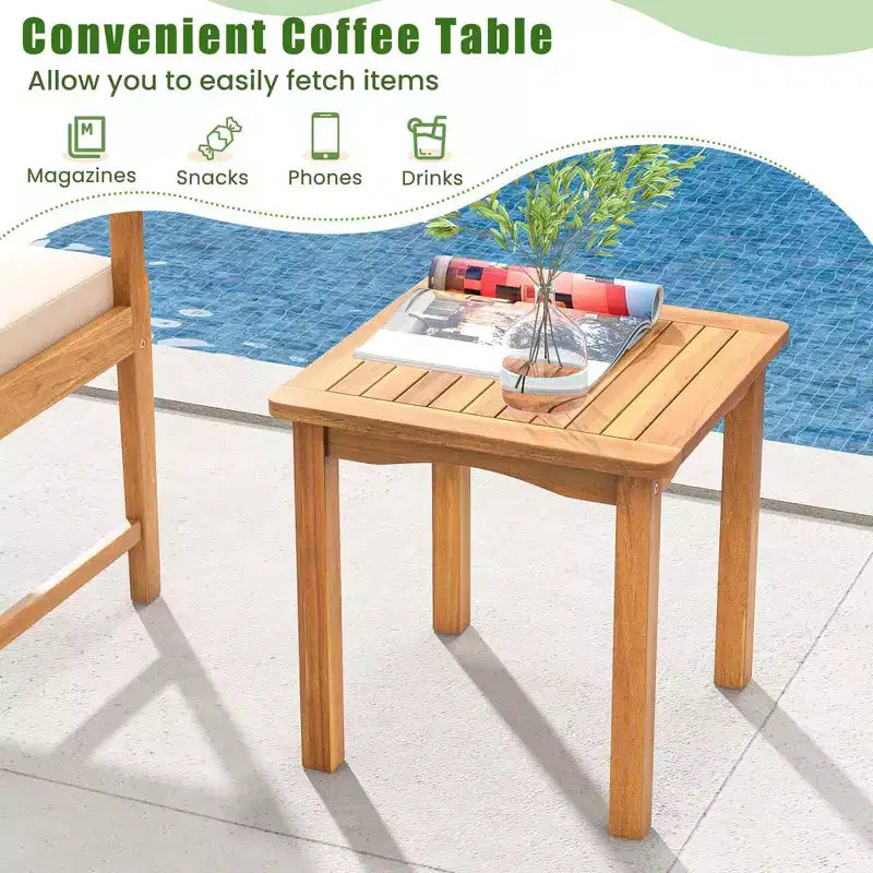 Costway Ensemble Bistro de Patio 3 Pièces en Bois d'Acacia, Salon de Jardin avec Coussins Blanc Cassé/Gris/Bleu Marine