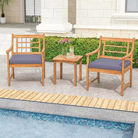 Costway 3 Pieces Acacia Wood Patio Bistro Set Outdoor Conversation Set with Cushions Off White/Gray/Navy