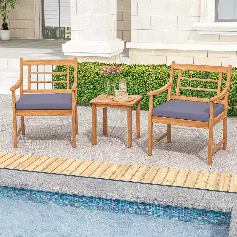 Costway 3 Pieces Acacia Wood Patio Bistro Set Outdoor Conversation Set with Cushions Off White/Gray/Navy