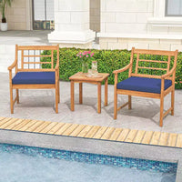 Costway Ensemble Bistro de Patio 3 Pièces en Bois d'Acacia, Salon de Jardin avec Coussins Blanc Cassé/Gris/Bleu Marine