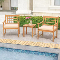 Costway Ensemble Bistro de Patio 3 Pièces en Bois d'Acacia, Salon de Jardin avec Coussins Blanc Cassé/Gris/Bleu Marine