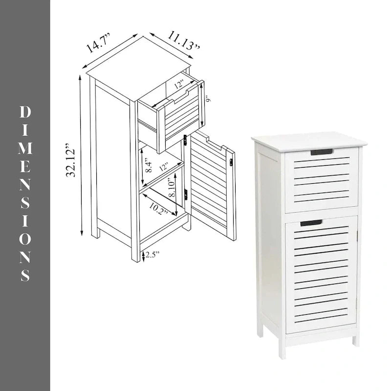 Meuble de Rangement pour Linge de Bain Blanc Miami avec Porte et Tiroir Ventilés - 14.7L x 11.13W x 32.12H