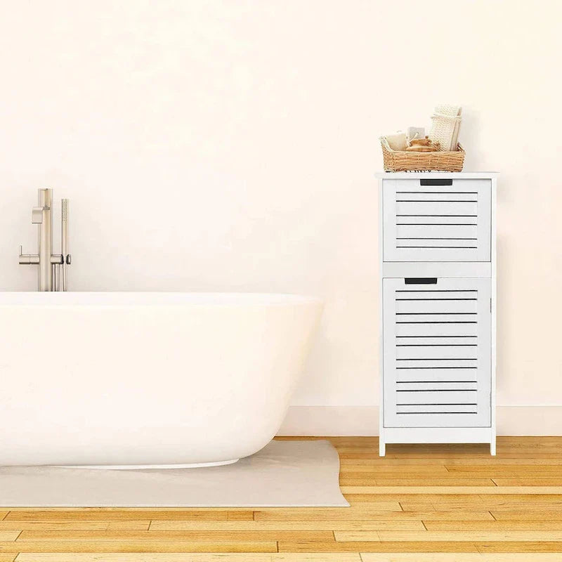 Meuble de Rangement pour Linge de Bain Blanc Miami avec Porte et Tiroir Ventilés - 14.7L x 11.13W x 32.12H