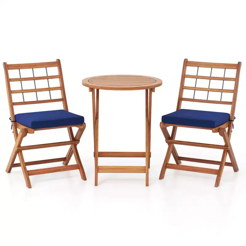Ensemble de bistro Costway 3 pièces en bois d'acacia pour patio, table et chaises pliantes d'extérieur avec coussins, blanc cassé/bleu marine/gris